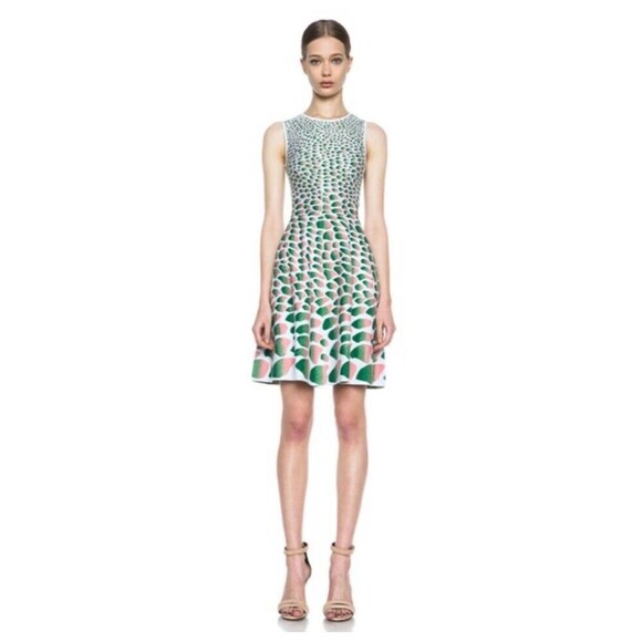 $635 ISSA Jacquard Palm Print Knit Dress Fit Flare Green Pink Skater S 0 2  4 - Picture 1 of 6